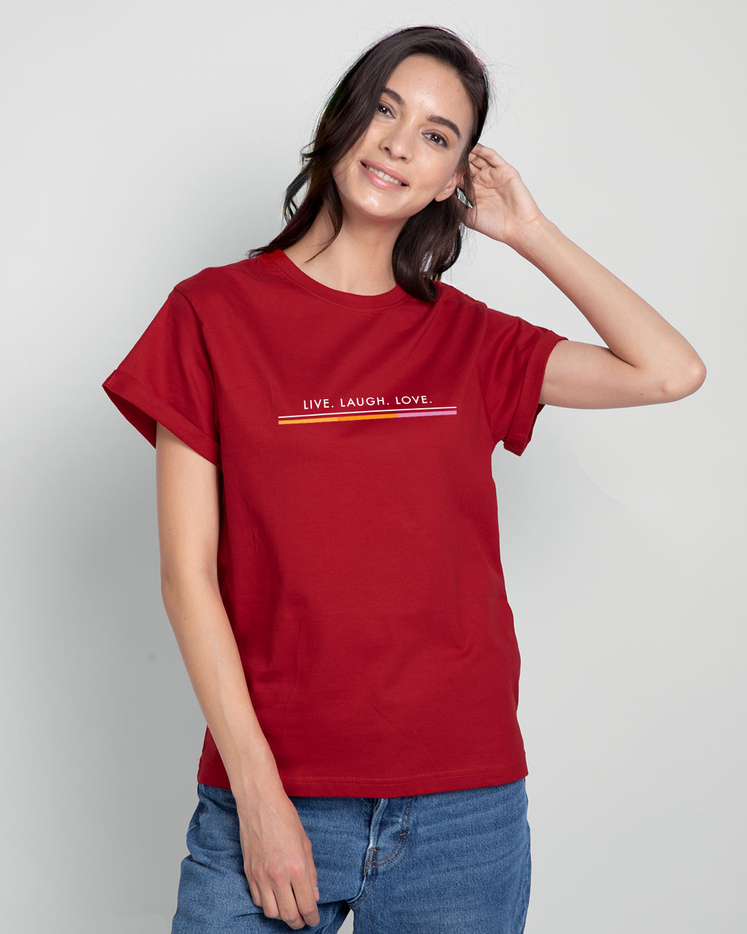 Shop Live Love Strip Boyfriend T-Shirts Bold Red-Back