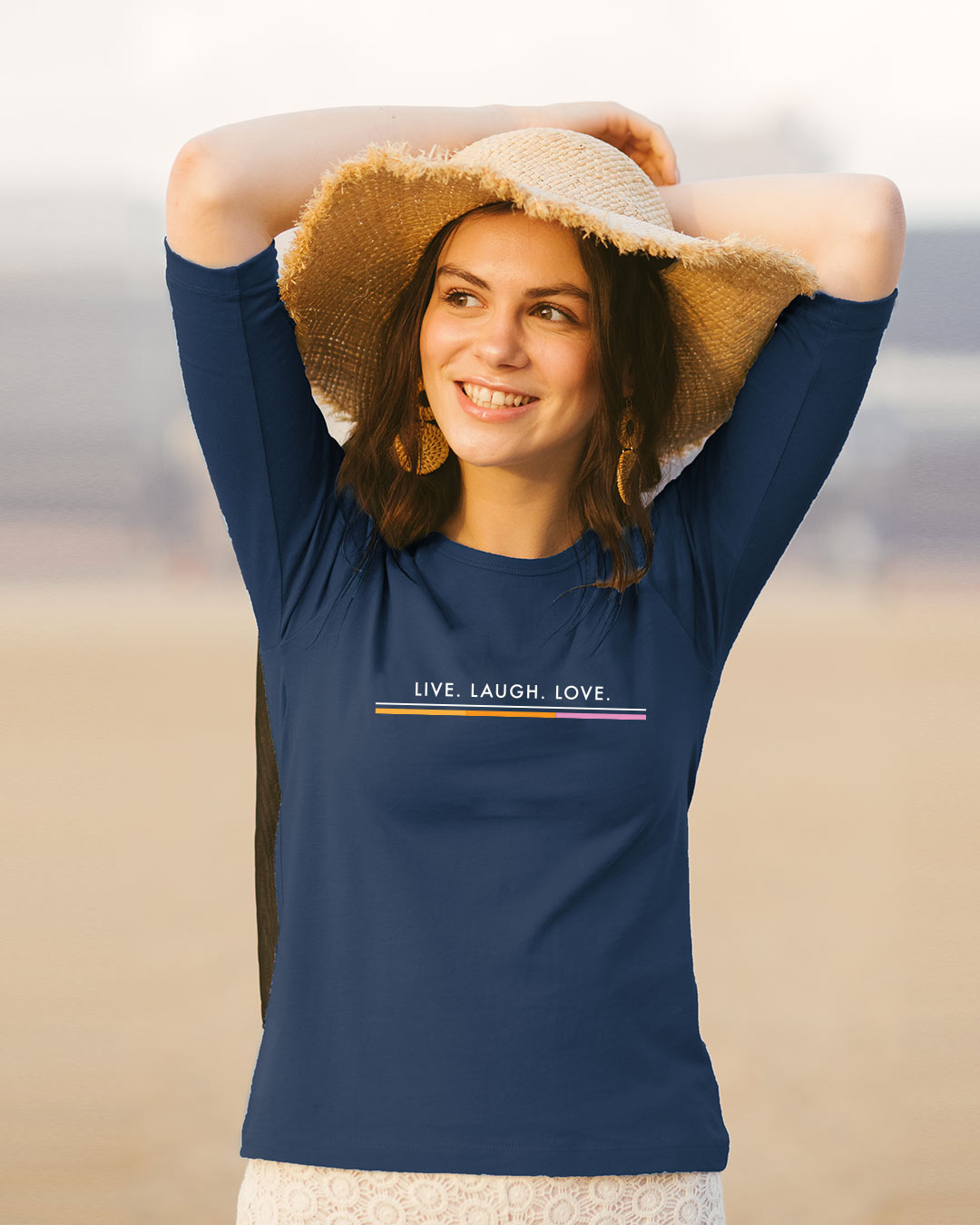 Shop Women's Blue Live Love Strip 3/4th Sleeve Typography Slim Fit T-shirt-Back