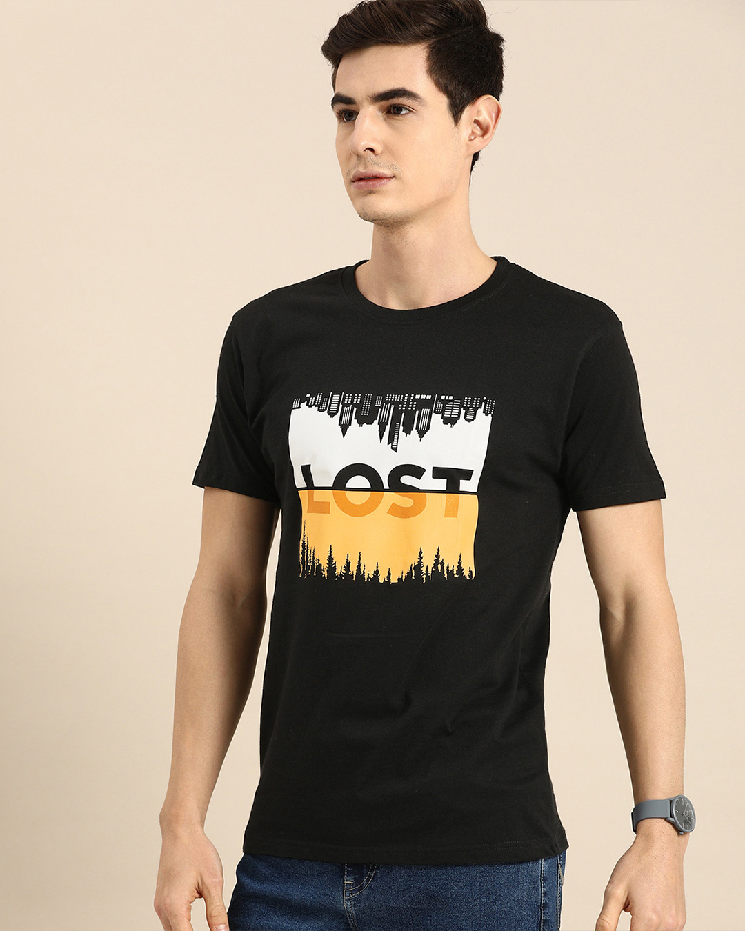 Shop Men's Black Lost In Time Graphic Printed T-shirt-Back