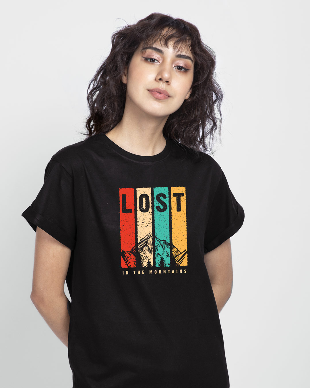 

Lost Mountains Boyfriend T-Shirt Women' Printed Boyfriend T-Shirts Bewakoof.com, Black