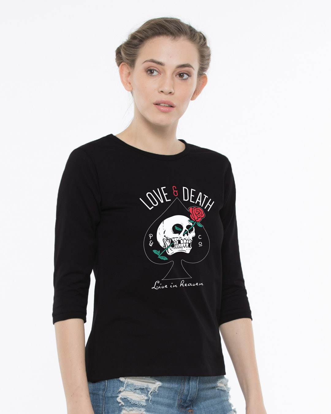 Shop Love And Death Round Neck 3/4th Sleeve T-Shirt-Back