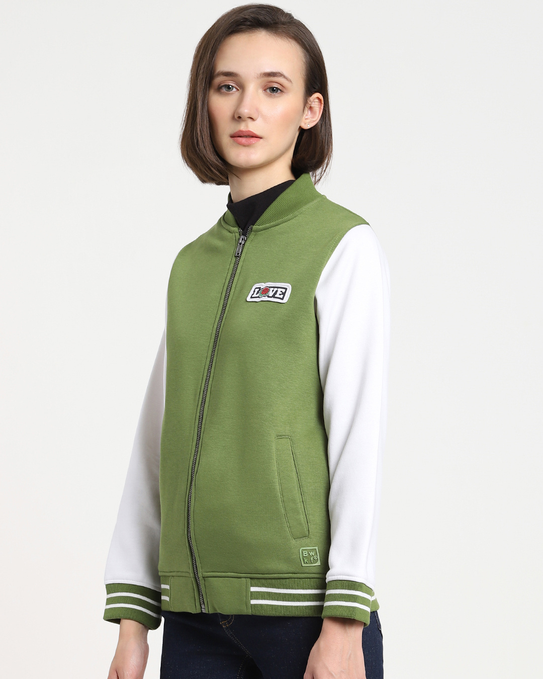 Shop Women's Green & White Love Badge Color Block Varsity Bomber Jacket-Back