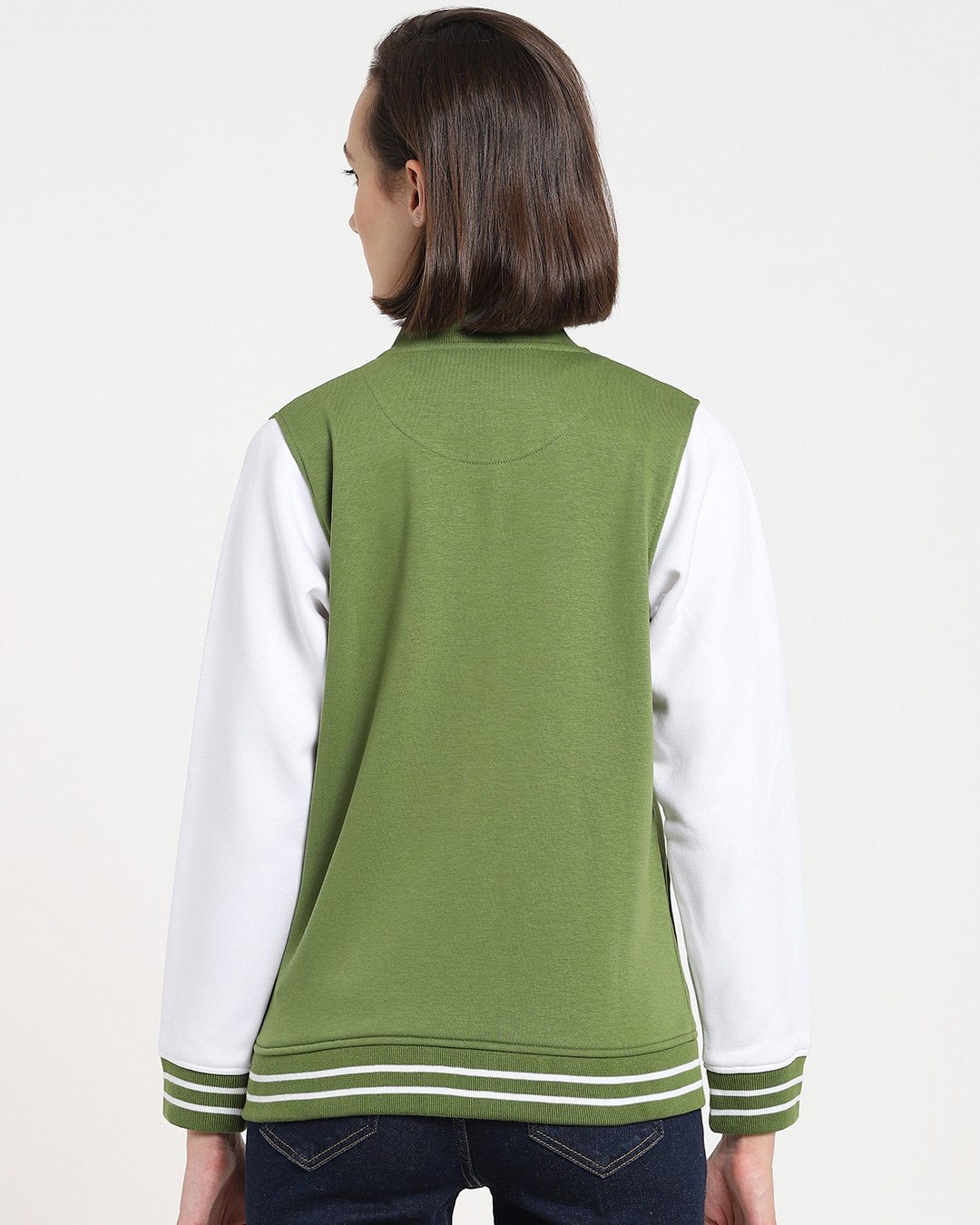 Bewakoof Women's Green & White Color Block Varsity Bomber Jacket Green-White XS
