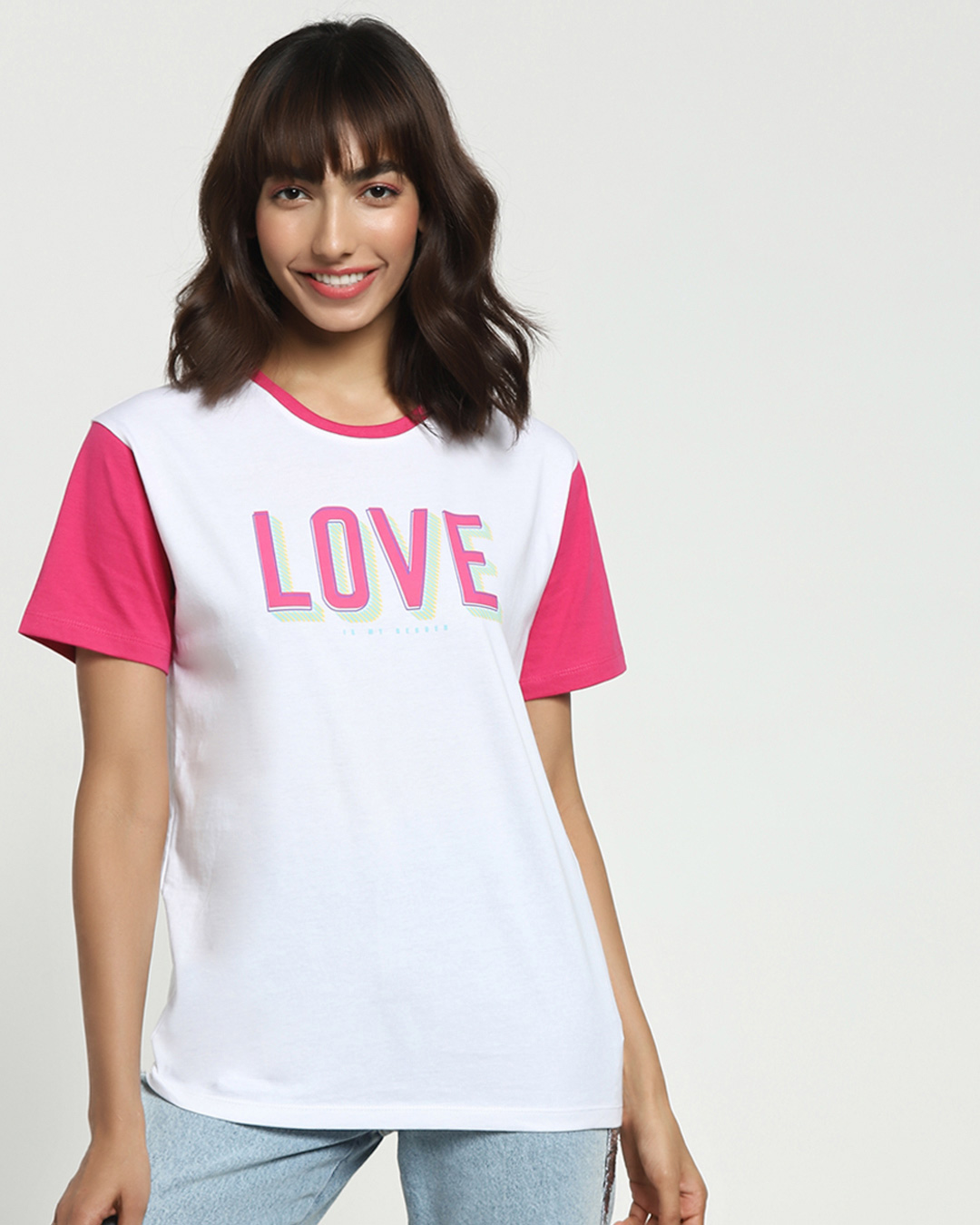 Shop Love Contrast Sleeve Boyfriend T-Shirt-Back