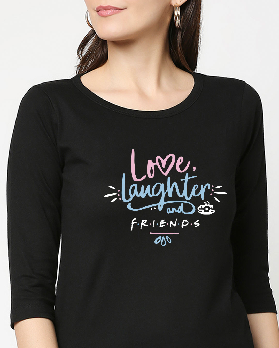 Shop Love Friends Round Neck 3/4 Sleeve T-Shirt Black-Back
