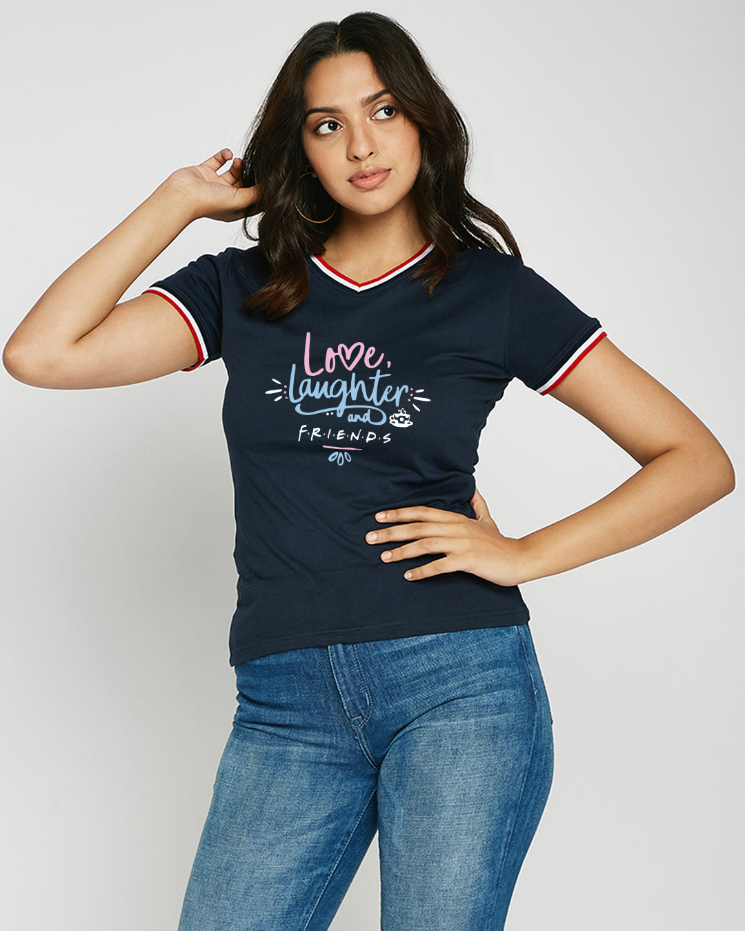 Shop Women's Blue Love Friends Typography V-Neck Varsity Rib T-shirt-Back