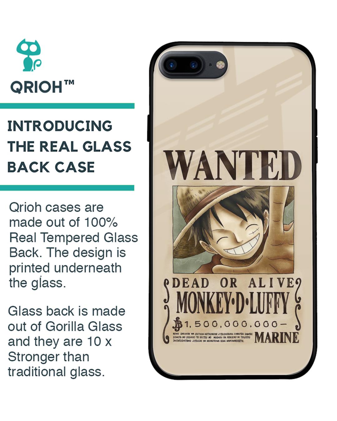Shop Luffy Wanted Premium Glass Case for iPhone 8 Plus (Shock Proof, Scratch Resistant)-Back