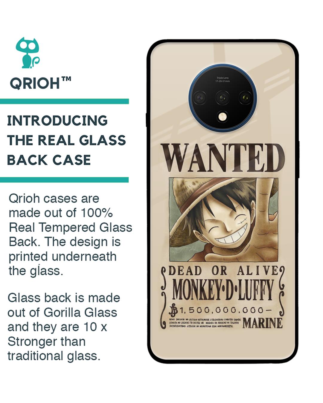 Shop Luffy Wanted Premium Glass Case for OnePlus 7T (Shock Proof,Scratch Resistant)-Back