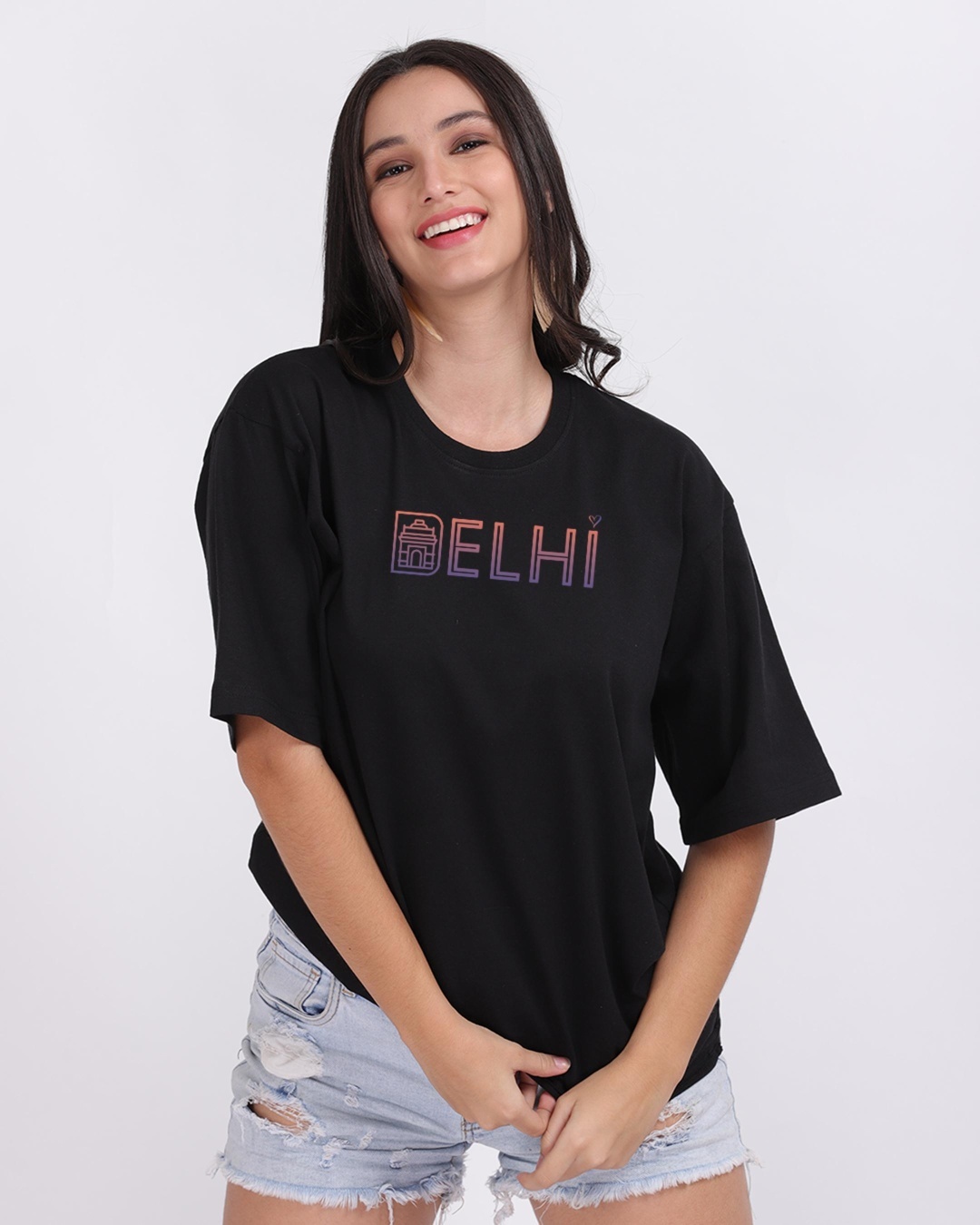 Shop Women's Black Delhi Graphic Printed Oversized T-shirt-Back