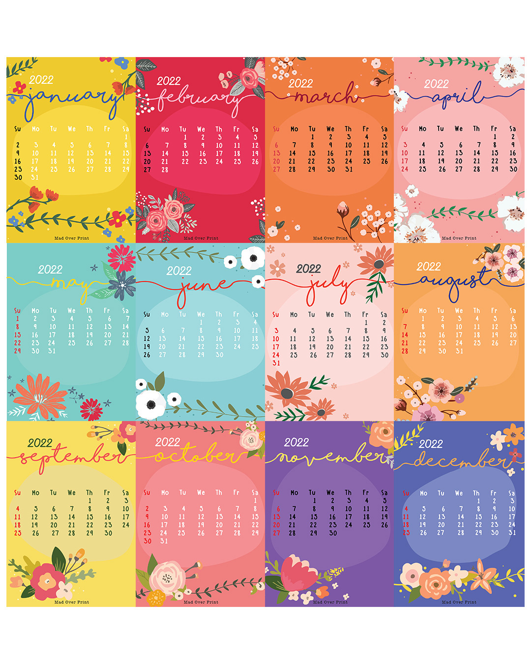 Shop Yellow Beautiful Floral Print 2022 Calendar-Back