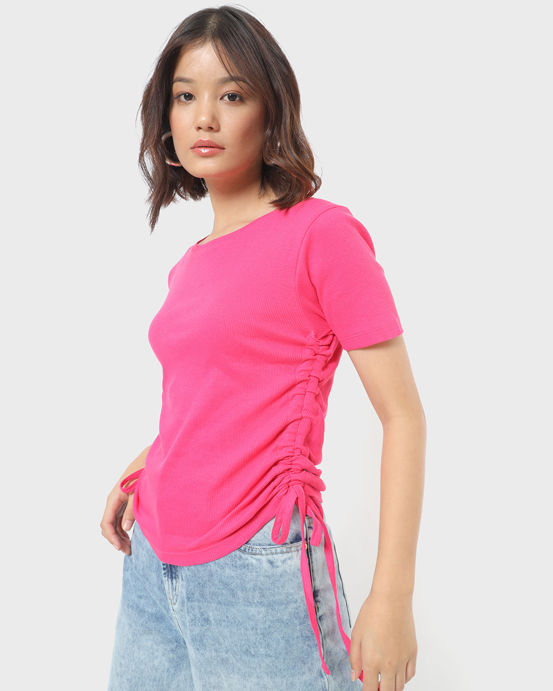 Shop Women's Pink Side Gather Slim Fit Short Top-Back