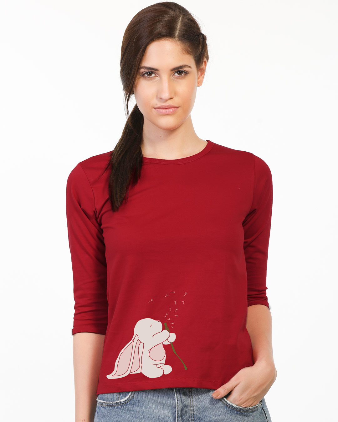 Buy Make A Wish Bunny Round Neck 3/4th Sleeve T-Shirt for Women red ...