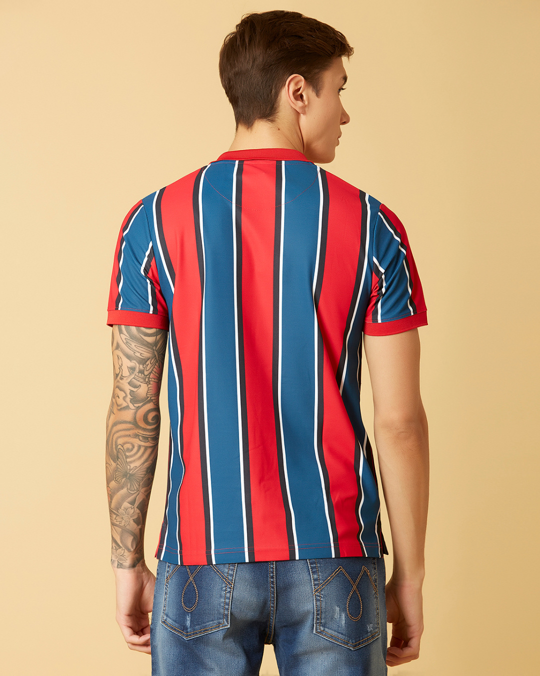 red and blue vertical striped shirt