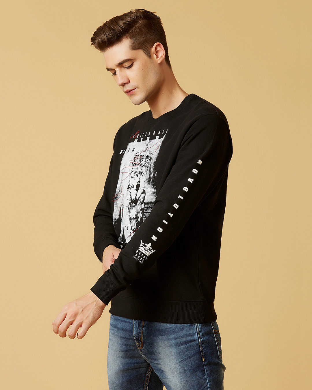 Shop Men's Black Graphic Print Brushed Regular Fit Sweatshirt-Back