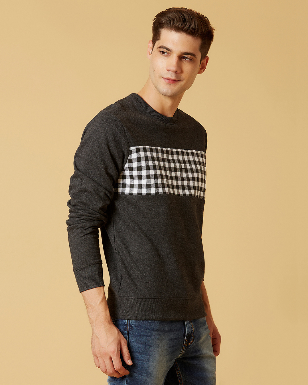 Shop Men's Grey Check Panelled Regular Fit Sweatshirt-Back