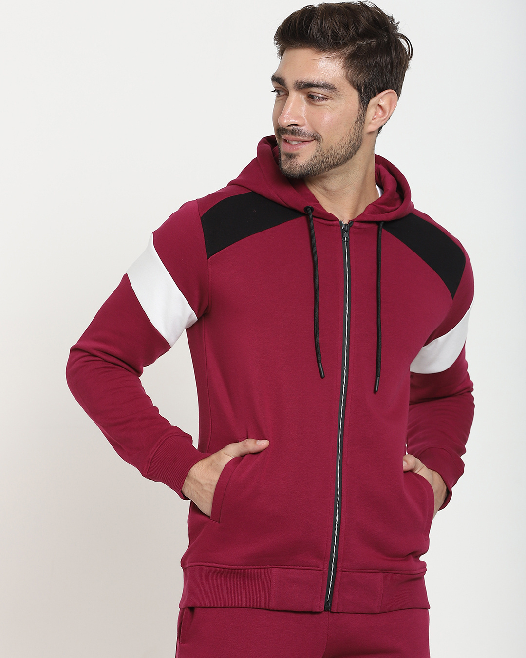 Shop Men's Maroon Color Block Zipper Hoodie-Back