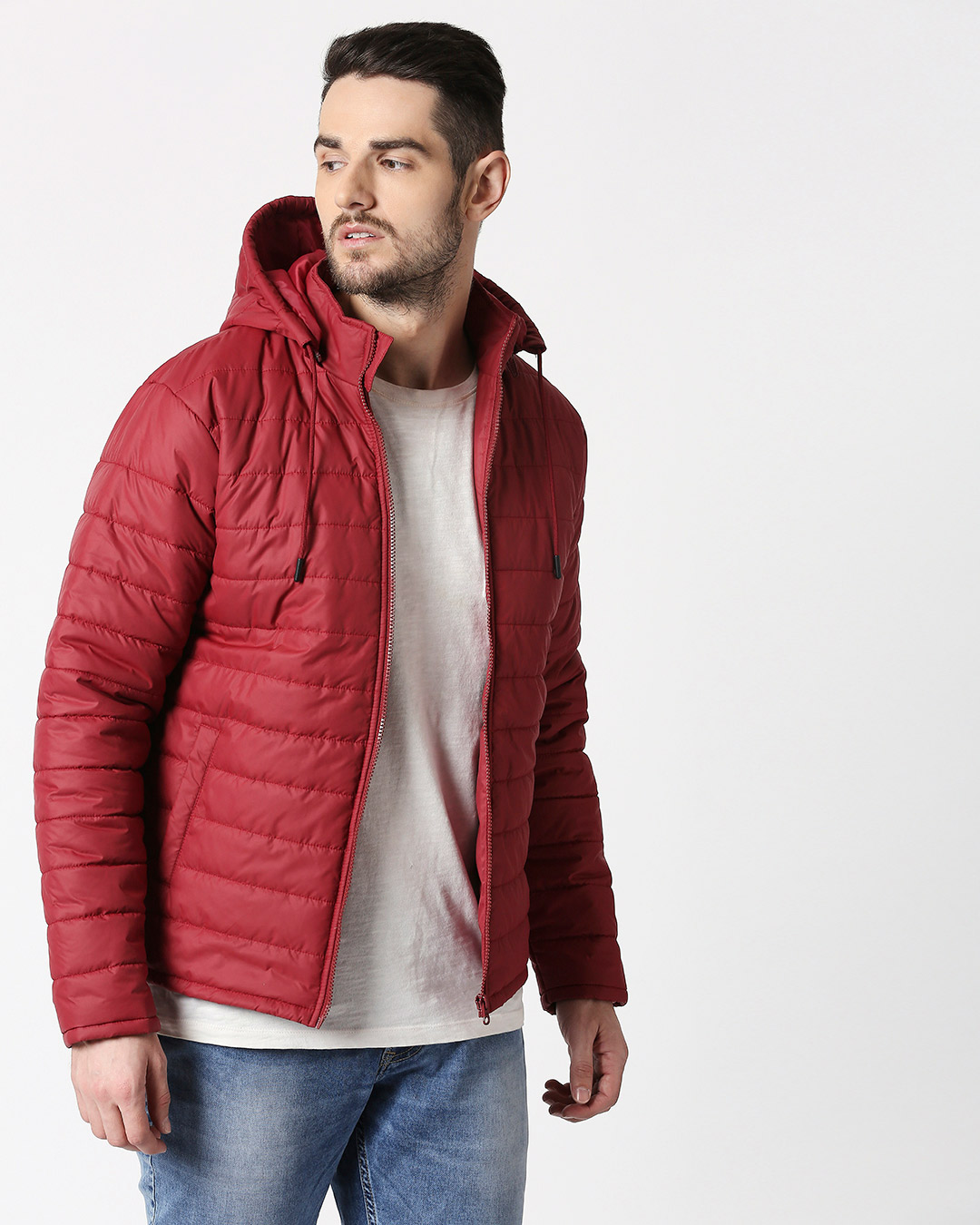Buy Maroon Plain Puffer Jacket with Detachable Hood Online at Bewakoof