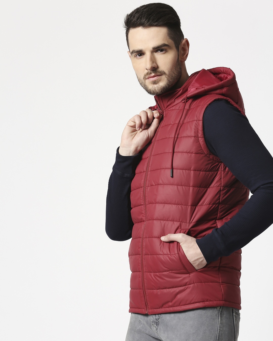 Buy Maroon Plain Sleeveless Puffer Jacket with Detachable Hood for Men ...