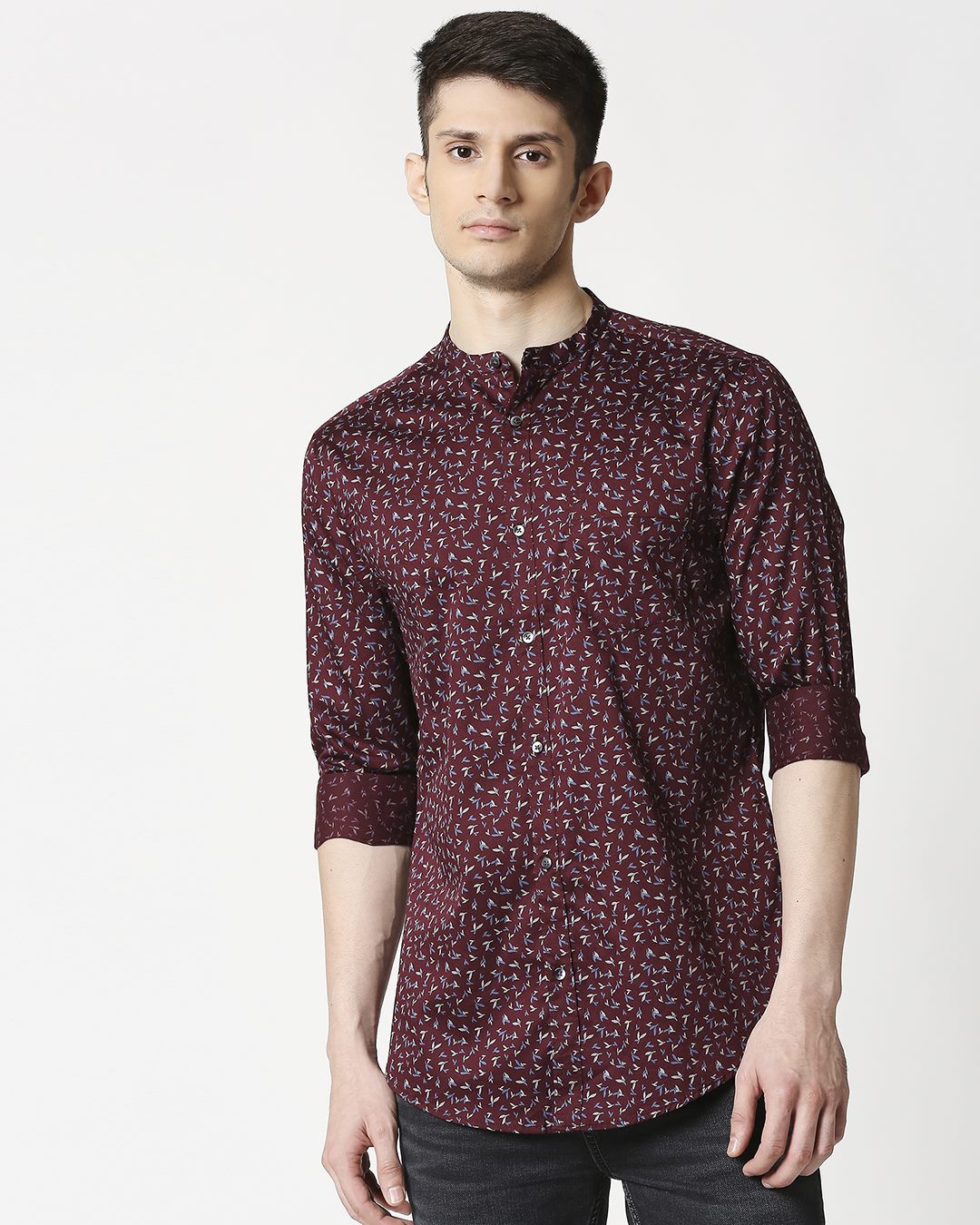 Shop Men's Maroon Poplin Print Slim Fit Shirt-Back