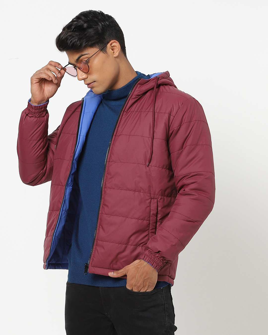 Buy Men's Maroon & Blue Reversible Puffer Jacket Online at Bewakoof
