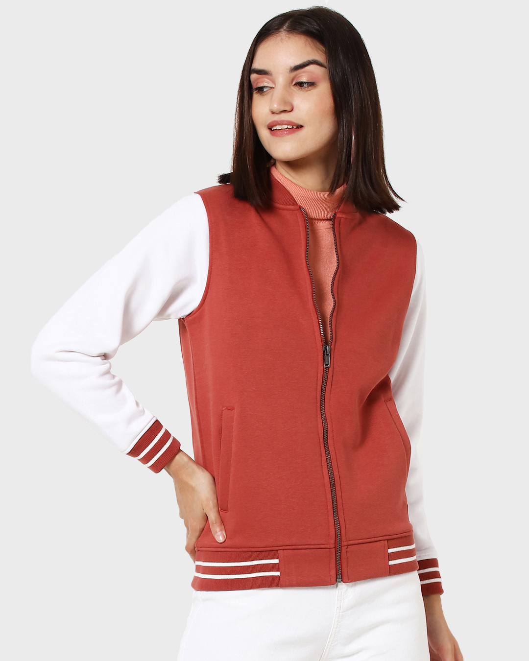 Shop Women's Red & White Color Block Varsity Bomber Jacket-Back