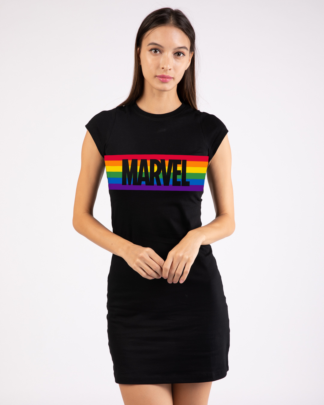 Marvel Logo Half Sleeve Hyper Print T Shirt Dress Avl Black