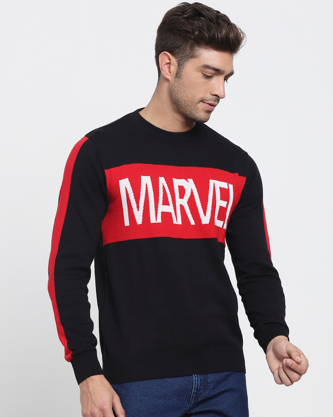 Shop Men's Black Marvel Color Block Flat Knit Sweater-Back