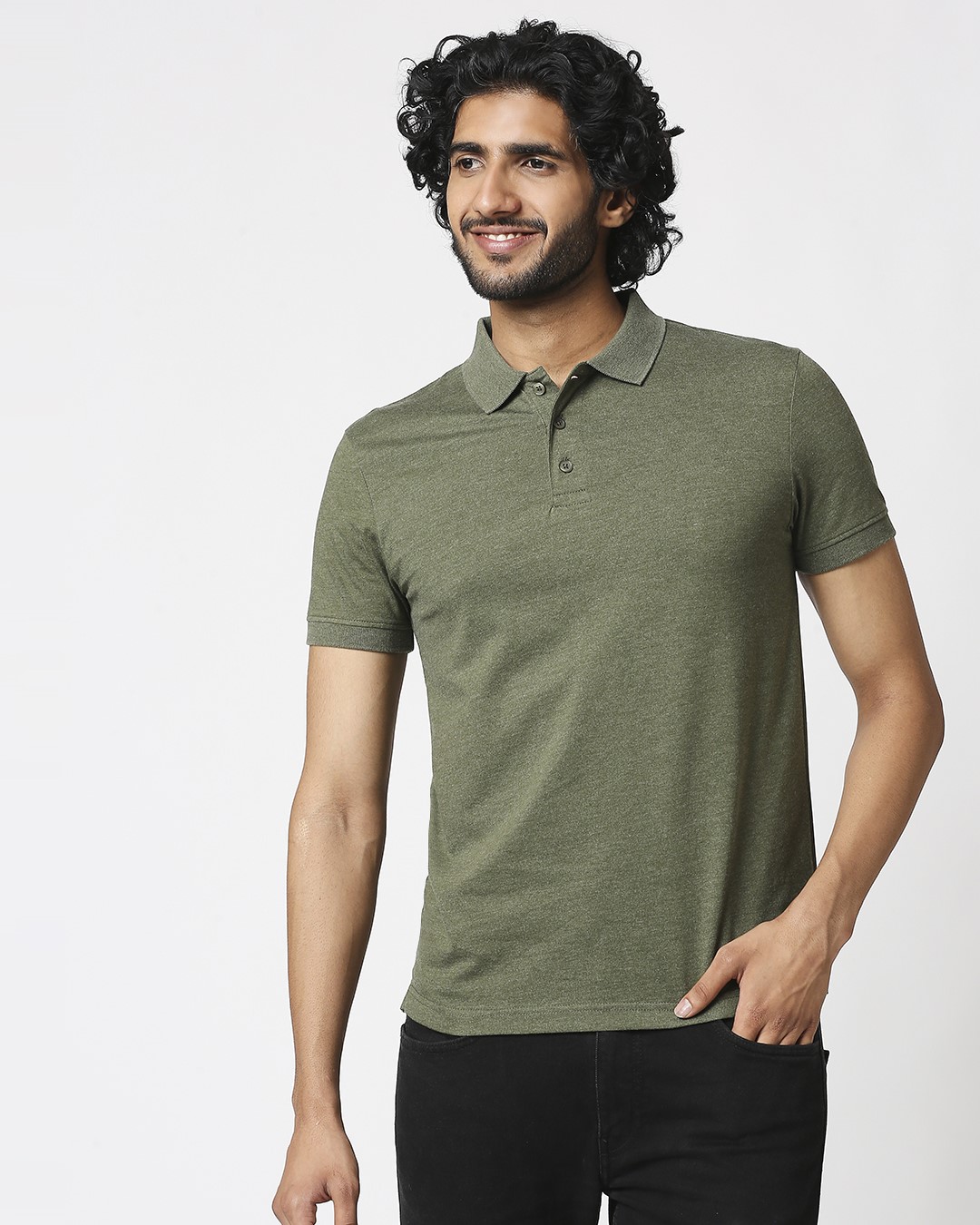 Shop Melange Olive Polo T-Shirt-Back