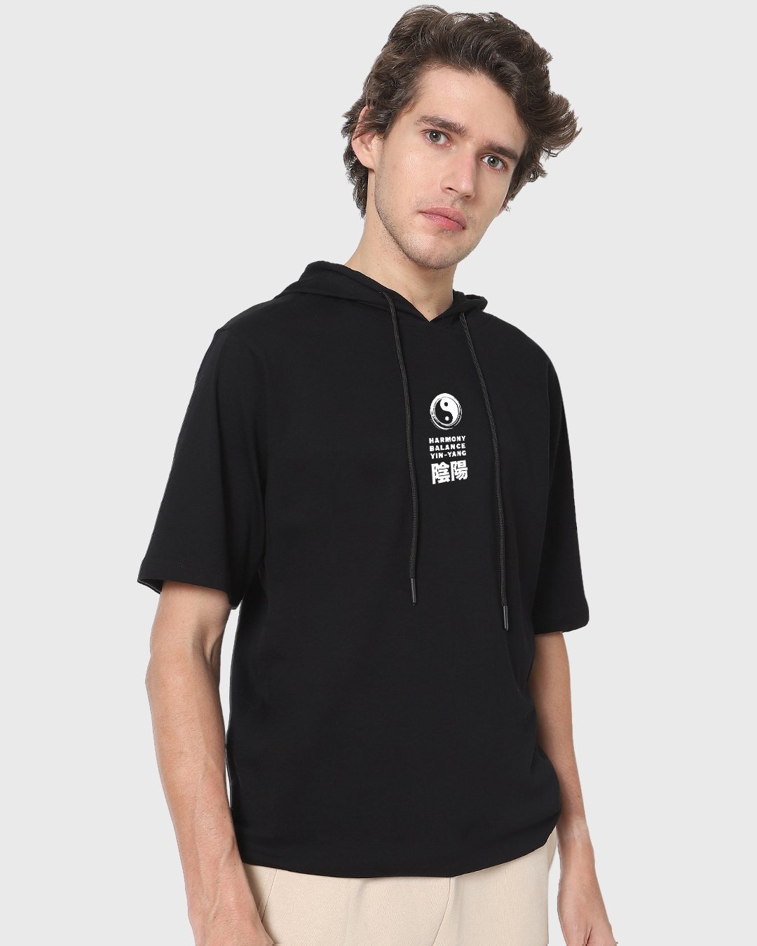 Shop Men's Black Align Typography Oversized Hoodie T-shirt-Back