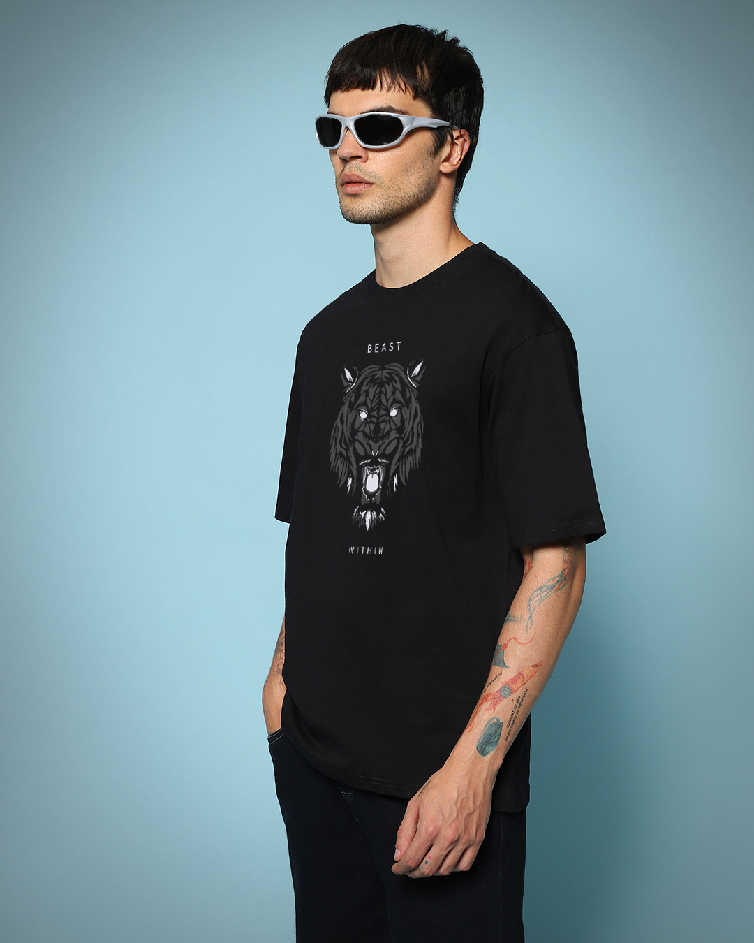Shop Men's Black Beast Within Graphic Printed Oversized T-shirt-Back
