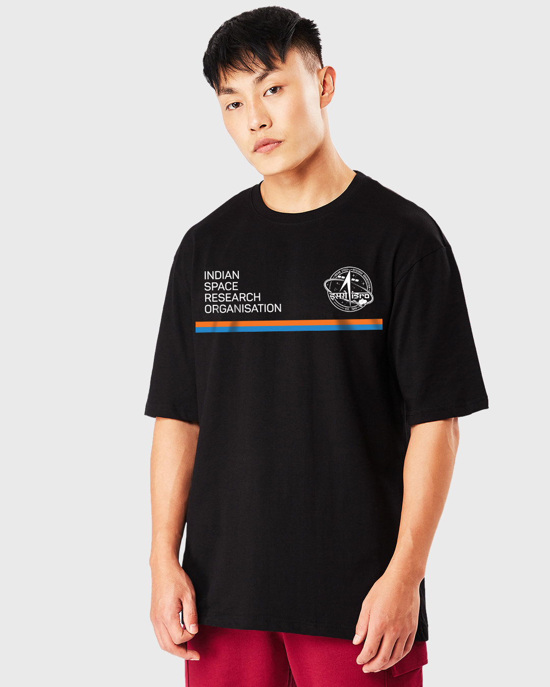 Shop Men's Black ISRO Logo Graphic Printed Oversized T-shirt-Back