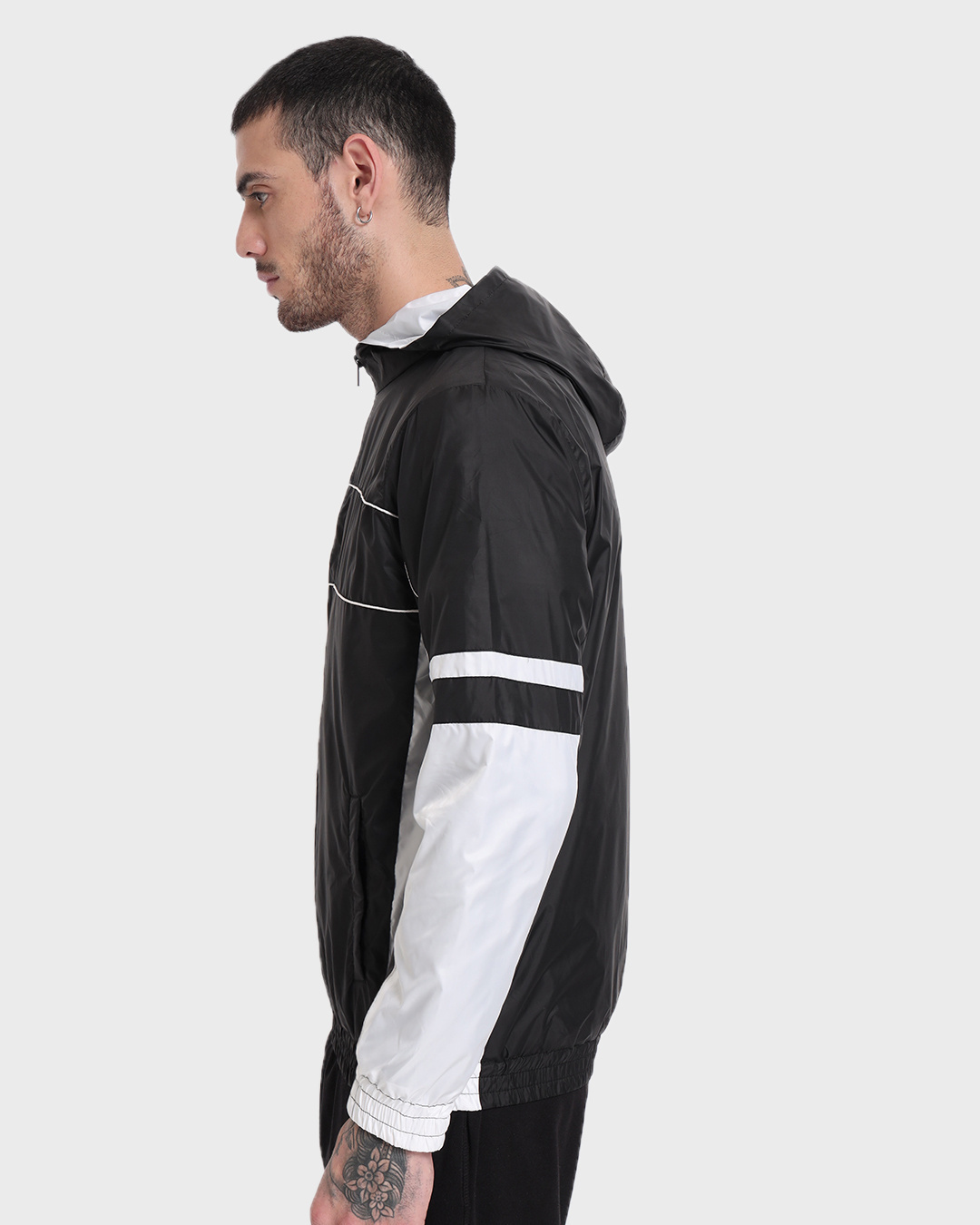 Bewakoof Men's Grey & Black Colorblock Windcheater Jacket Black 2XL