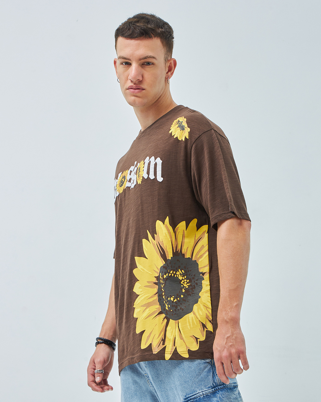 Shop Men's Brown Blossom Graphic Printed Oversized T-shirt-Back