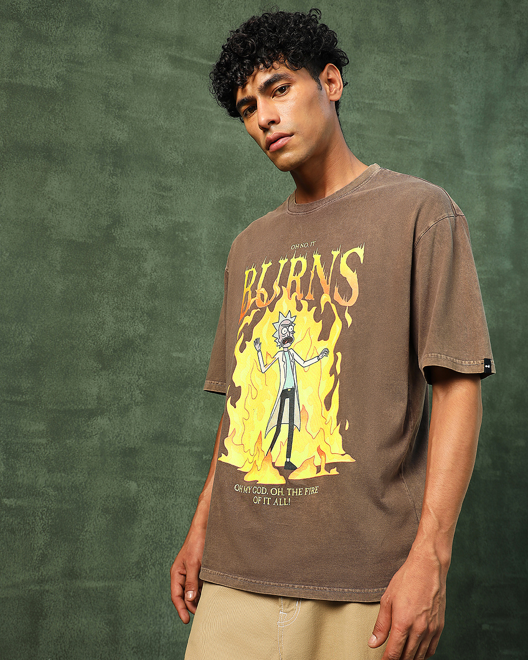 Shop Men's Brown Burns Rick Graphic Printed Oversized Acid Wash T-shirt-Back