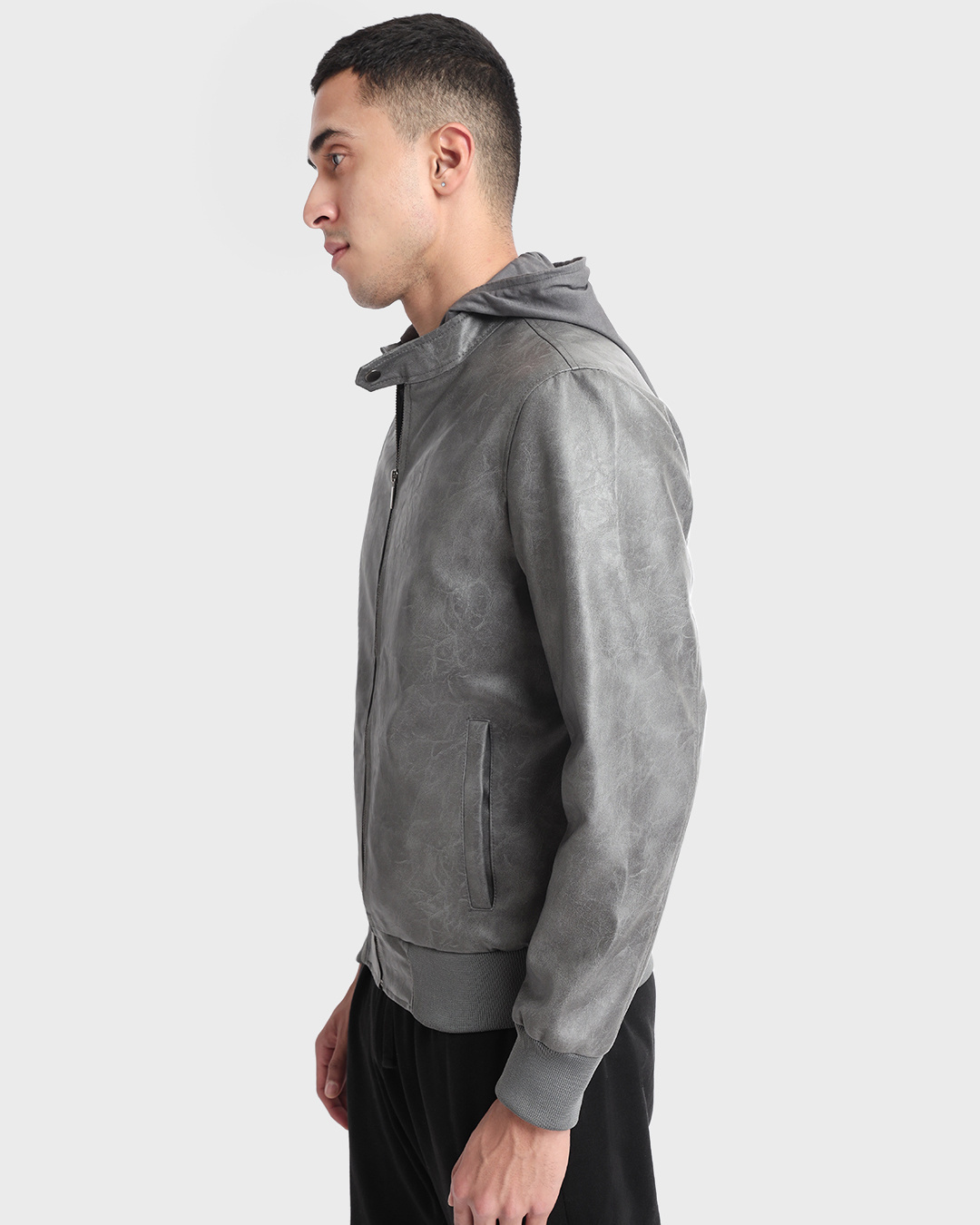 Shop Men's Grey Hooded PU Jacket-Back