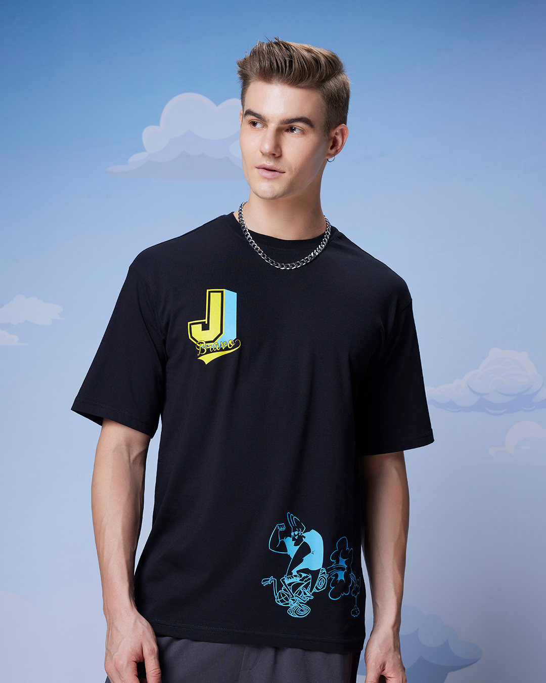 Shop Men's Black Johnny Biker Graphic Printed Oversized T-shirt-Back