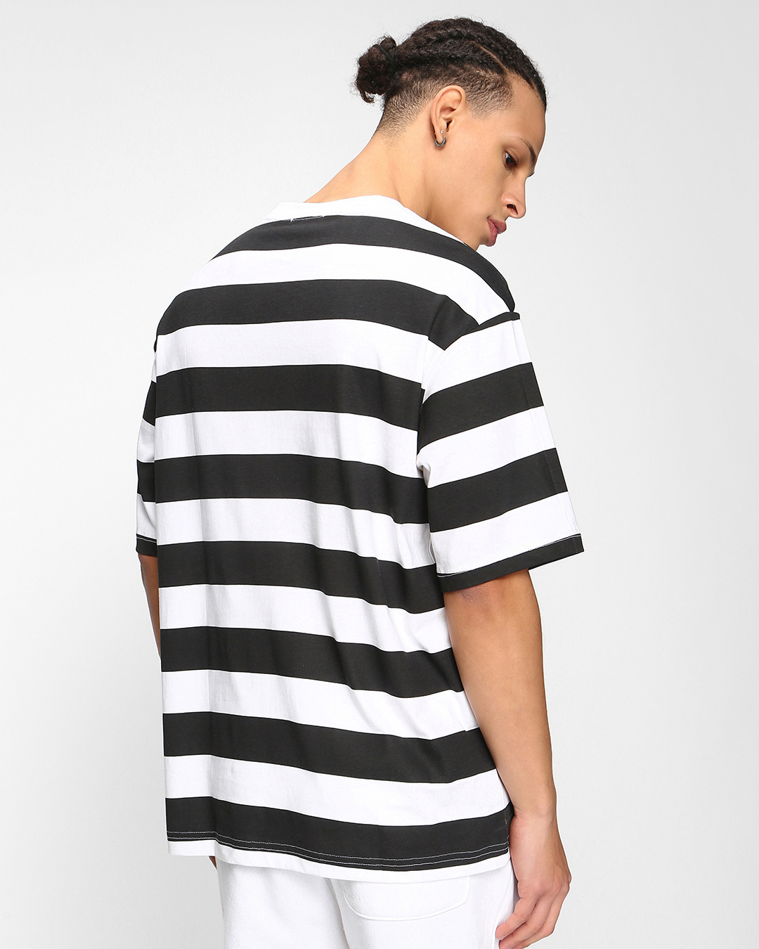 Shop Men's Black & White Mickey Faces Striped Oversized T-shirt-Back