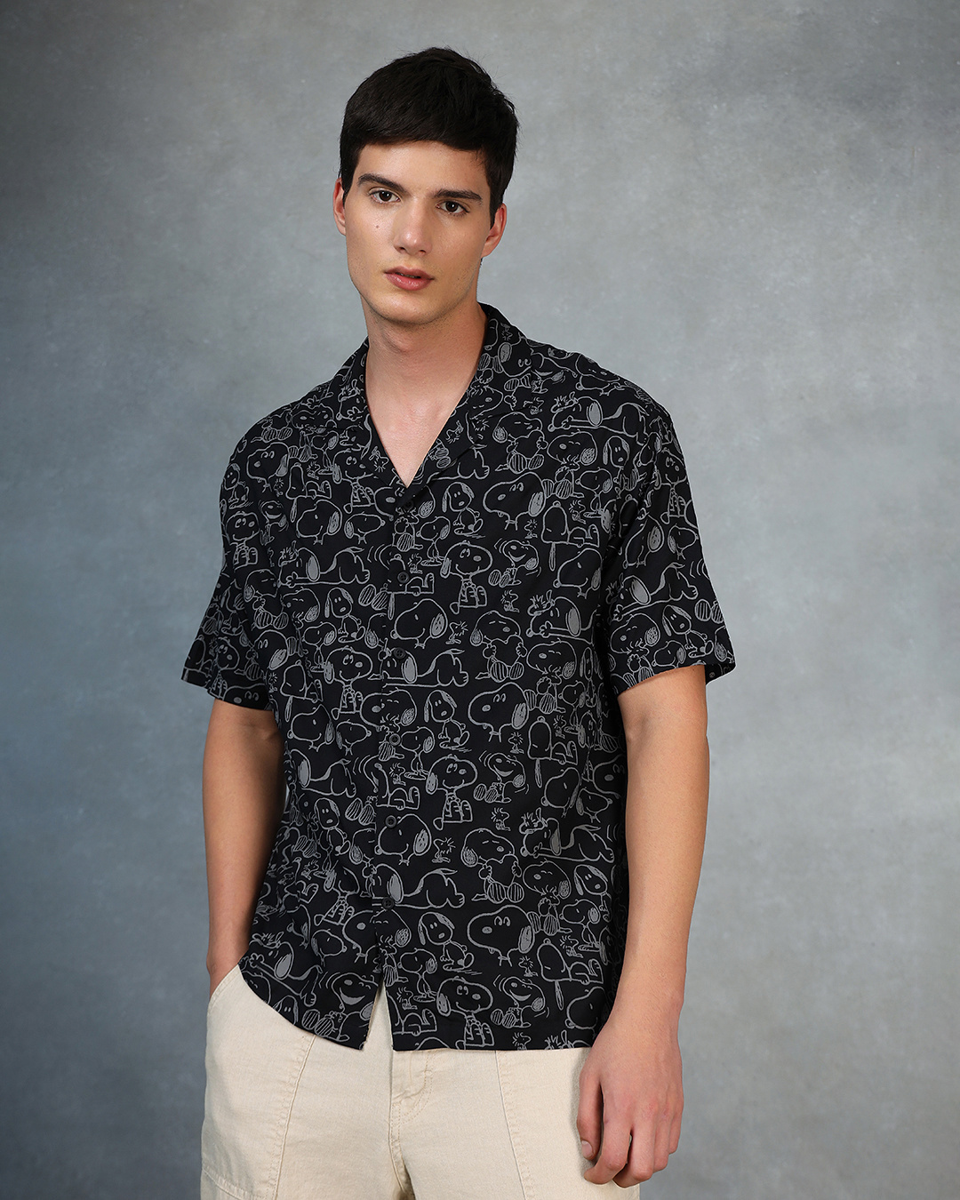 Shop Men's Black Snoopy All Over Printed Oversized Shirt-Back