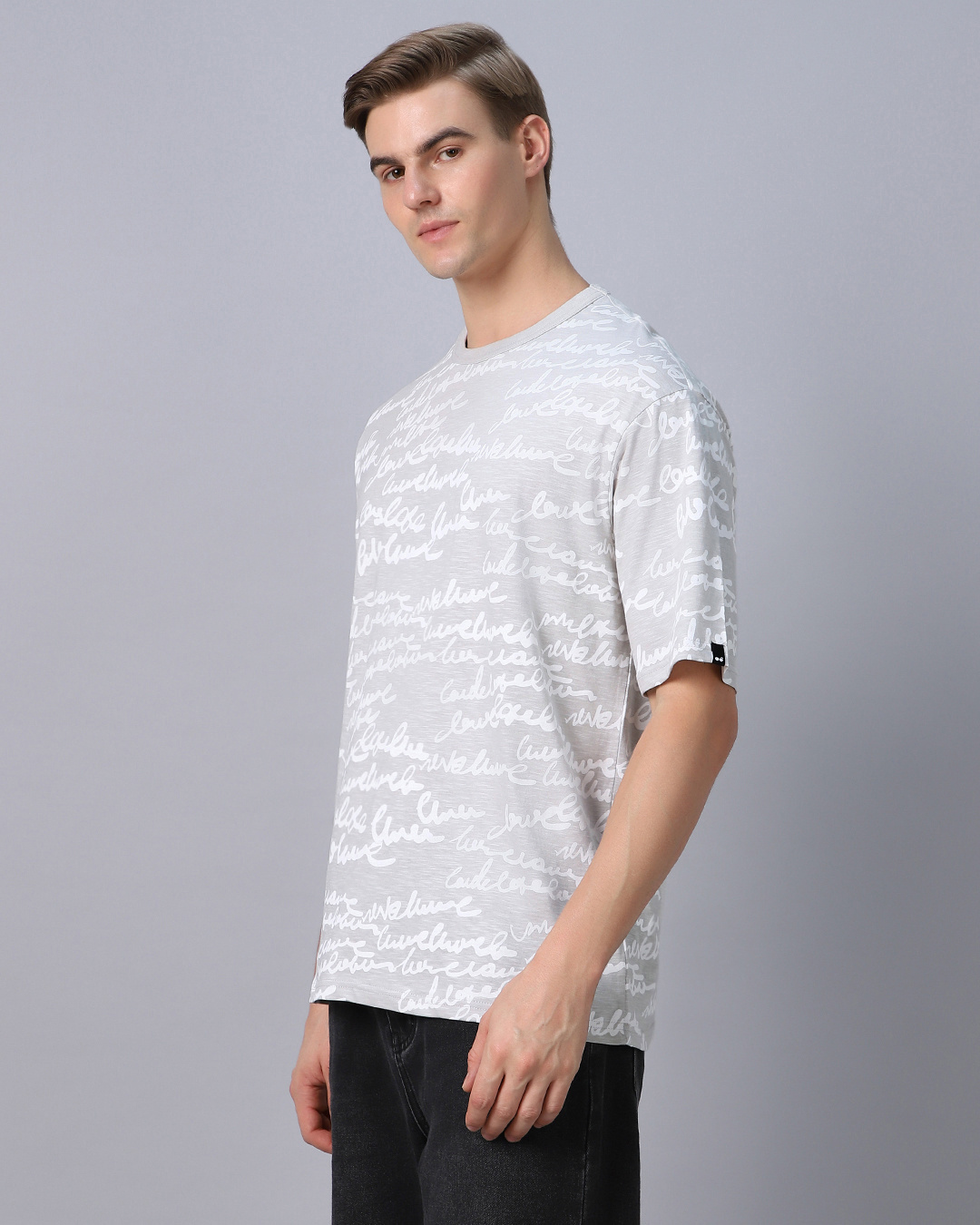 Shop Men's Grey All Over Printed Oversized T-shirt-Back