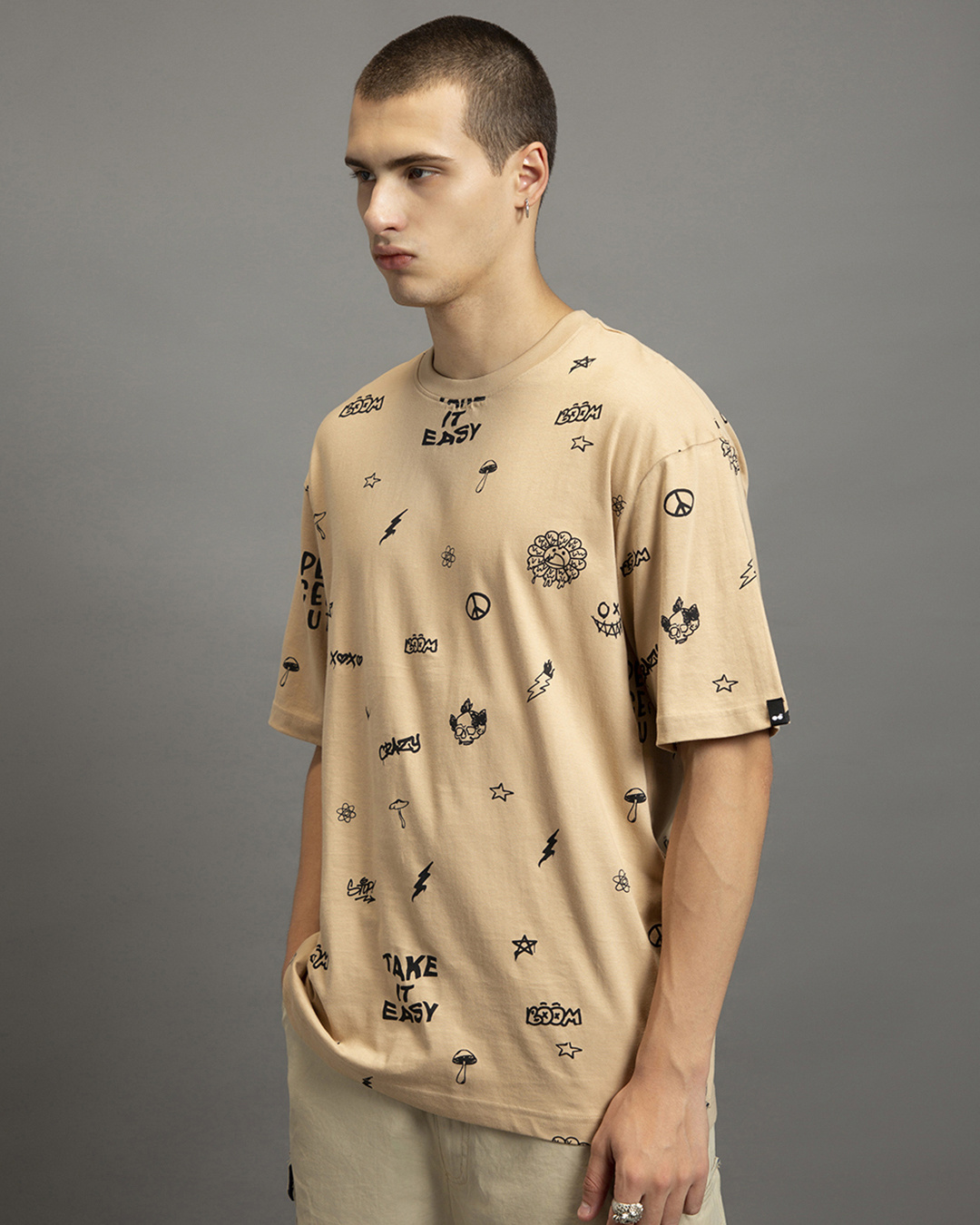 Shop Men's Brown Take it Easy All Over Printed Oversized T-shirt-Back