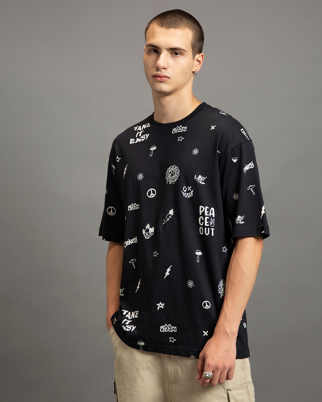 Shop Men's Black Peace Out All Over Printed Oversized T-shirt-Back