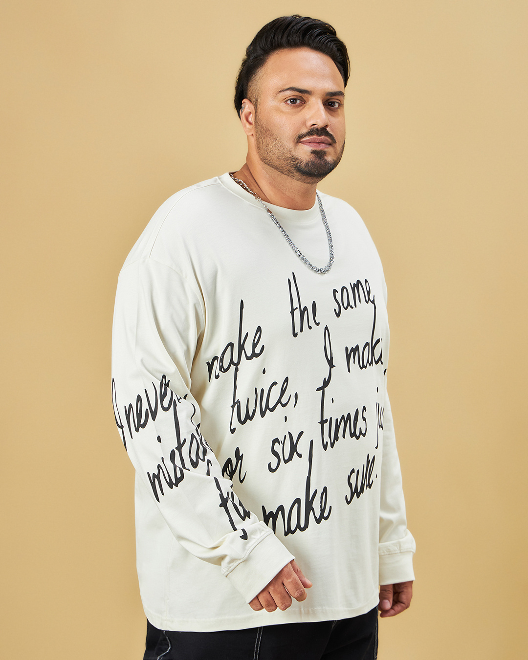 Shop Men's Beige Typography Oversized Plus Size T-shirt-Back