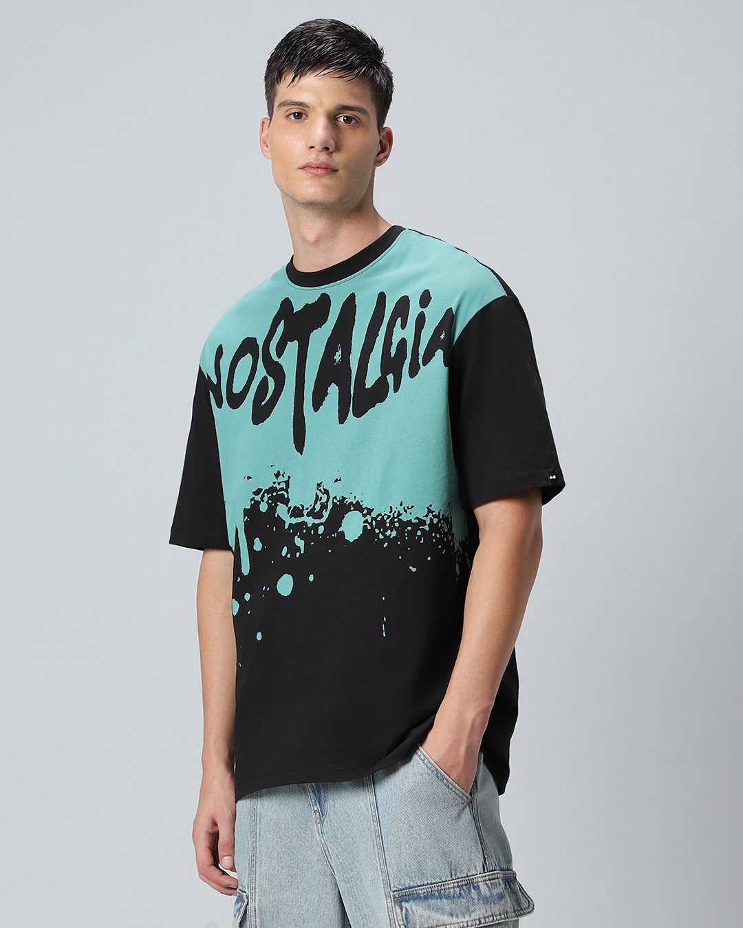 Shop Men's Black & Green Nost Graphic Printed Oversized T-shirt-Back