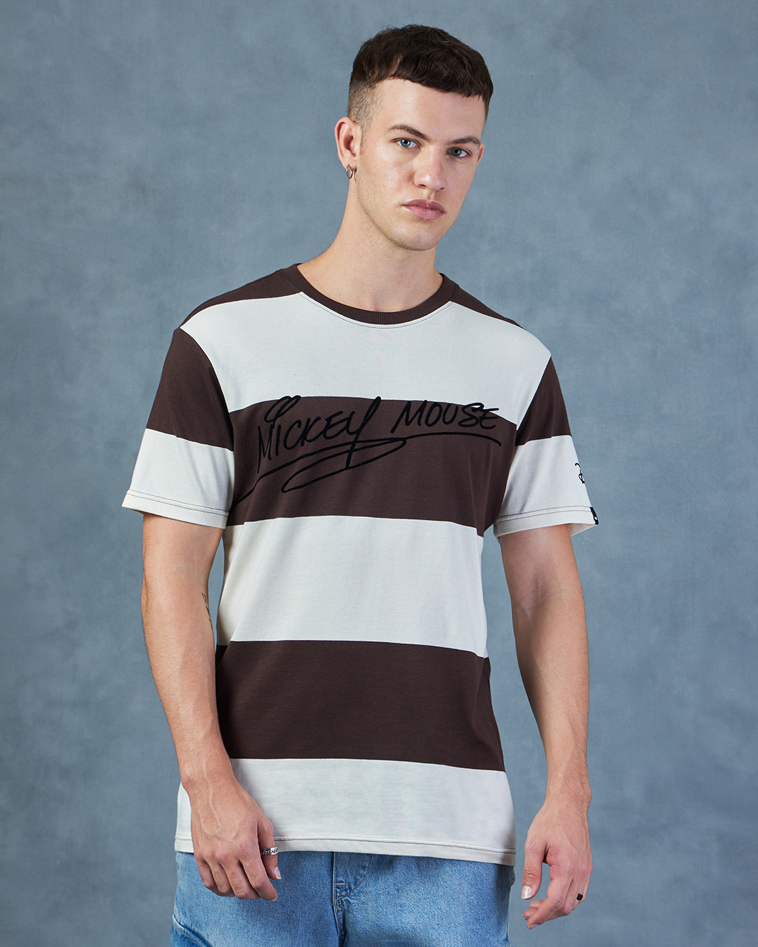 Shop Men's Brown & Beige Mickey Signature Striped Oversized T-shirt-Back