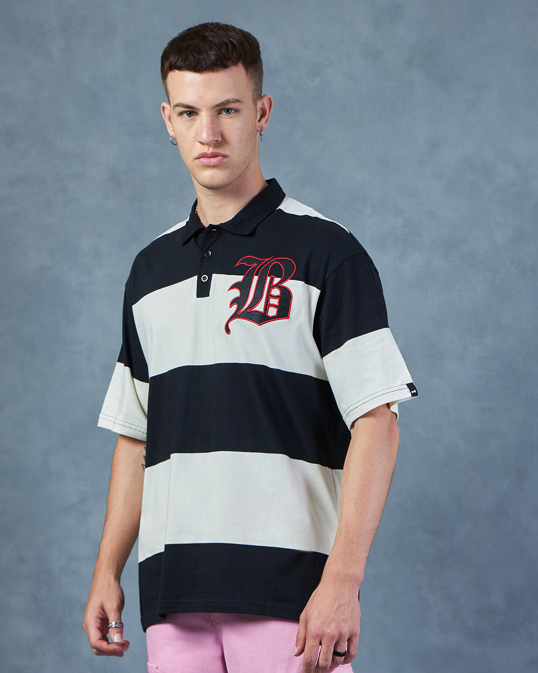 Shop Men's White & Black B Bold Striped Oversized Polo T-shirt-Back