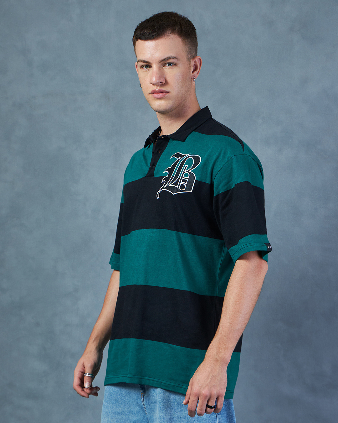 Shop Men's Green & Black B Bold Striped Oversized Polo T-shirt-Back