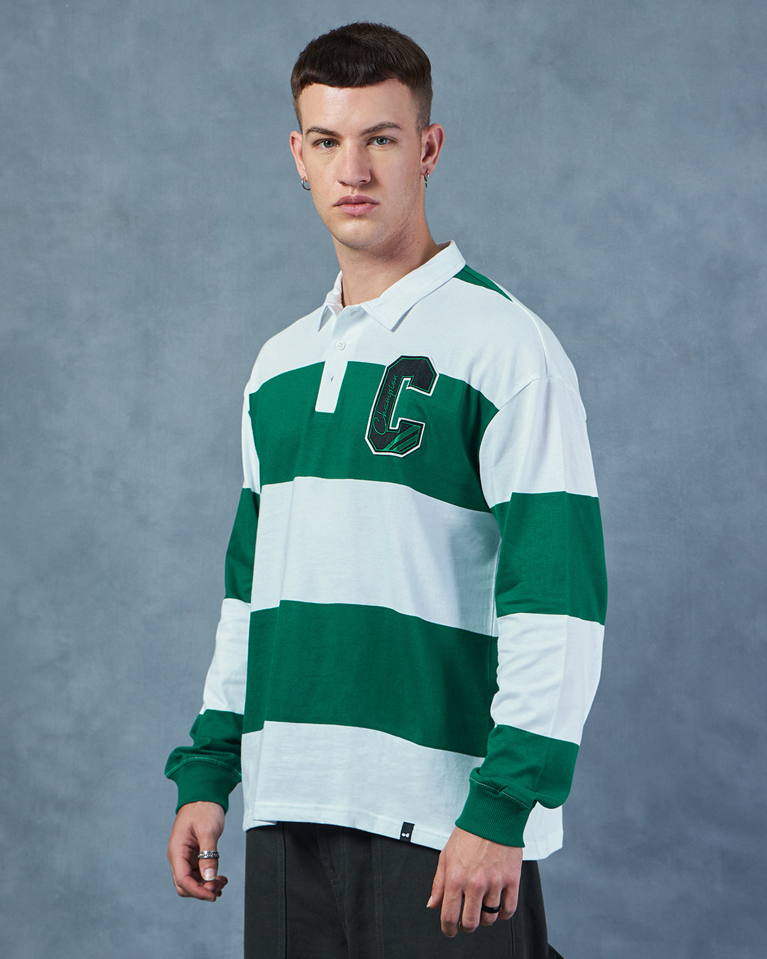 Shop Men's Green & White Champion Striped Oversized Polo T-shirt-Back