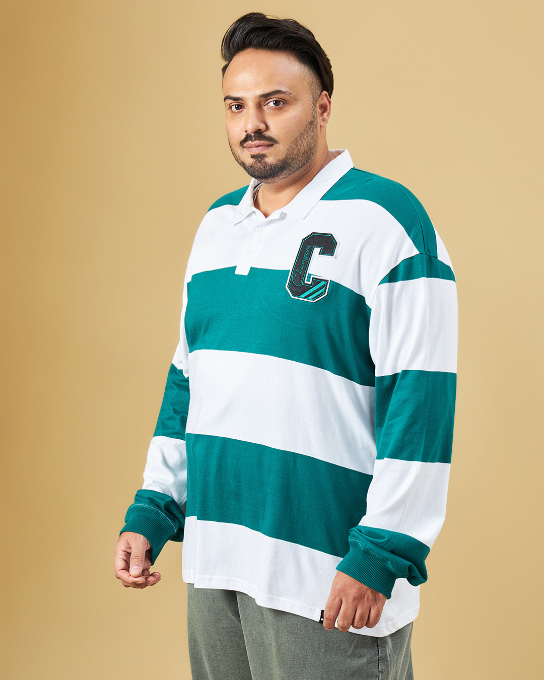 Shop Men's Green & White Champion Striped Oversized Plus Size Polo T-shirt-Back