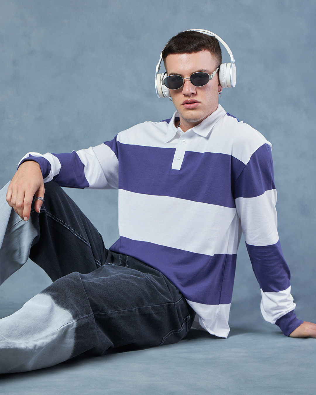 Buy Men's White & Blue Striped Oversized Polo T-shirt Online at Bewakoof