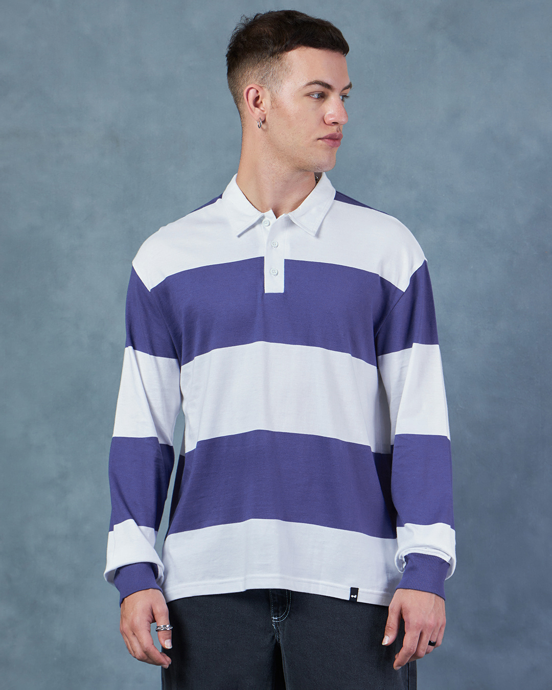 Shop Men's White & Blue Striped Oversized Polo T-shirt-Back